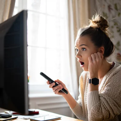 Девушка сидит перед телевизором и смотрит на экран с удивлением